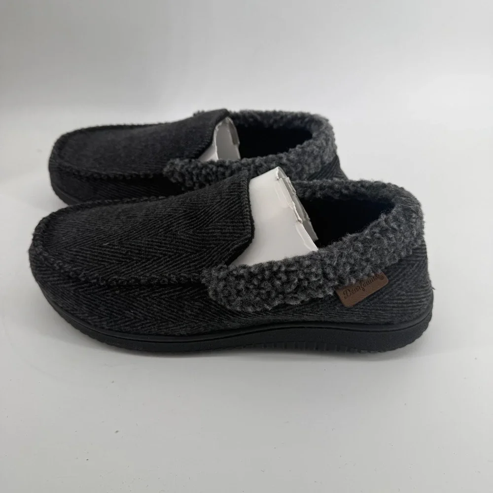 Dearfoams Mens Memory Foam Moccasin Slippers‎ Grey Herringbone Size M 9-10